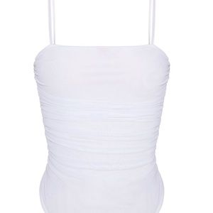 Shape White Mesh Ruched Thong Bodysuit